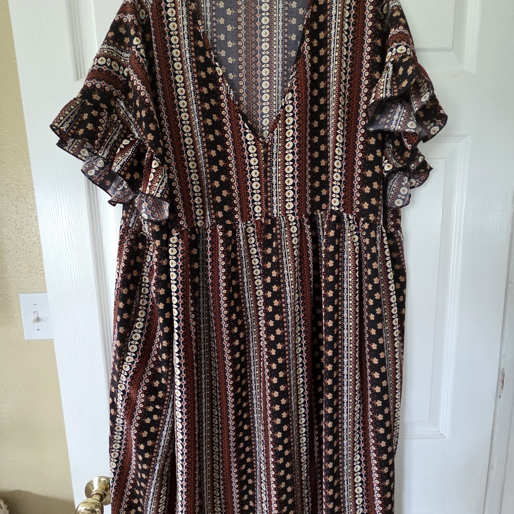BloomChic Ethnic Print Dress with Ruffled Sleeves